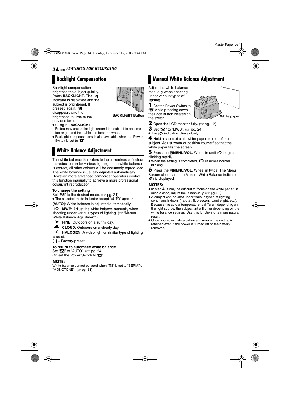 Backlight compensation, White balance adjustment, Manual white balance adjustment | Pg. 34) i, Pg. 34), Backlight compensation white balance adjustment | JVC GR-D63 User Manual | Page 34 / 56