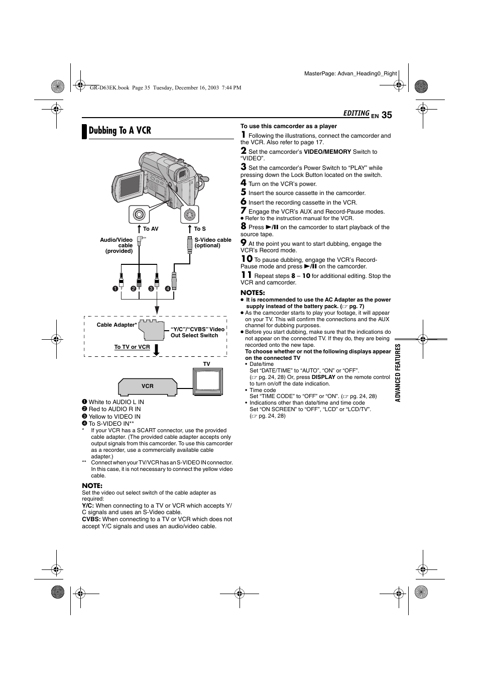 Editing, Dubbing to a vcr, Pg. 35 | JVC GR-D63 User Manual | Page 35 / 56