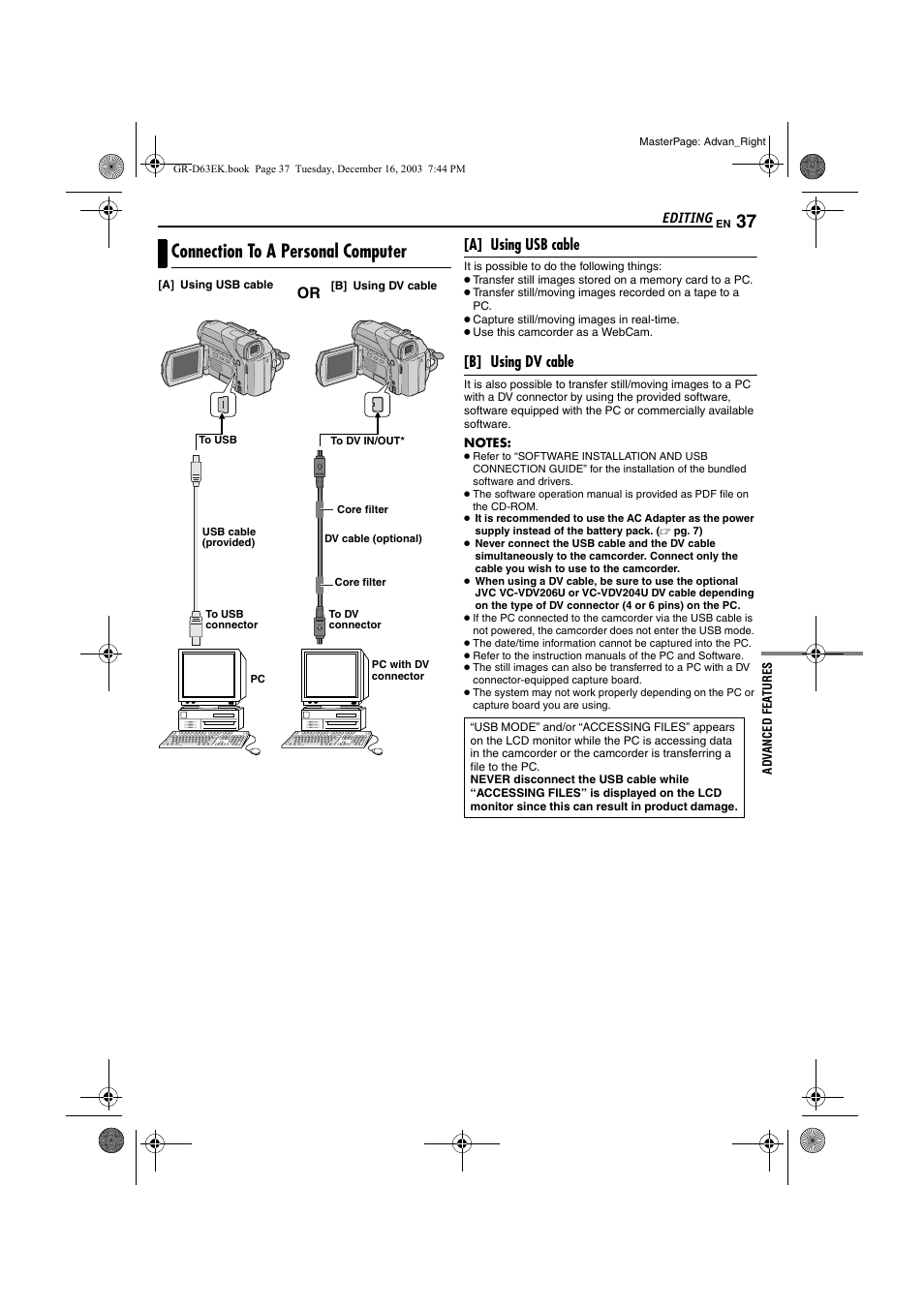 Connection to a personal computer | JVC GR-D63 User Manual | Page 37 / 56