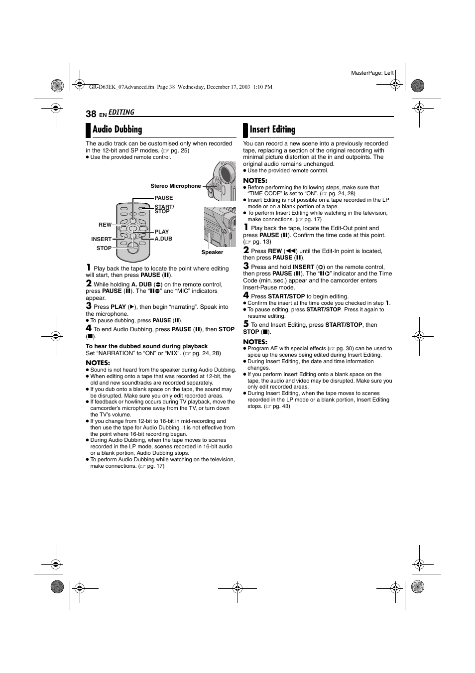 Audio dubbing, Insert editing, Pg. 38) | G (੬ pg. 38) a | JVC GR-D63 User Manual | Page 38 / 56