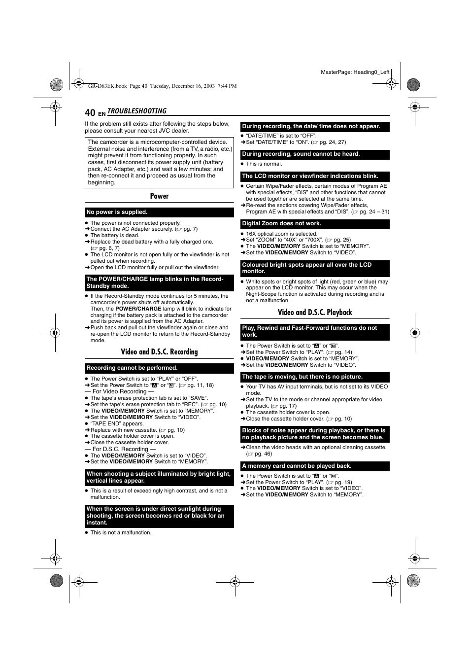 Troubleshooting, Power, Video and d.s.c. recording | Video and d.s.c. playback | JVC GR-D63 User Manual | Page 40 / 56