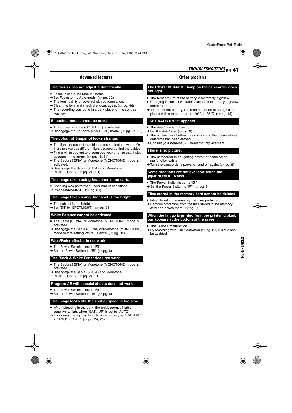 Advanced features, Other problems, Troubleshooting | JVC GR-D63 User Manual | Page 41 / 56