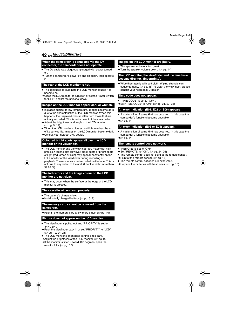 Pg. 42), Troubleshooting | JVC GR-D63 User Manual | Page 42 / 56