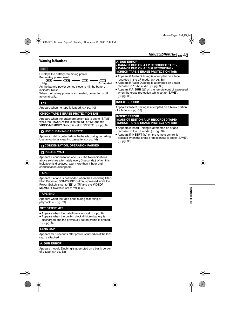 Warning indications, Pg. 43) | JVC GR-D63 User Manual | Page 43 / 56