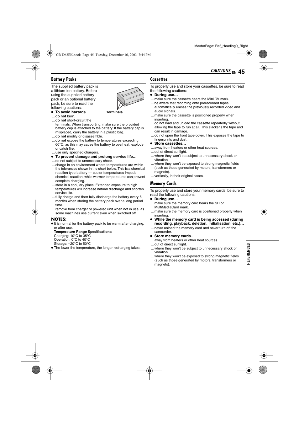 Cautions, Battery packs, Cassettes | Memory cards, Pg. 45) | JVC GR-D63 User Manual | Page 45 / 56