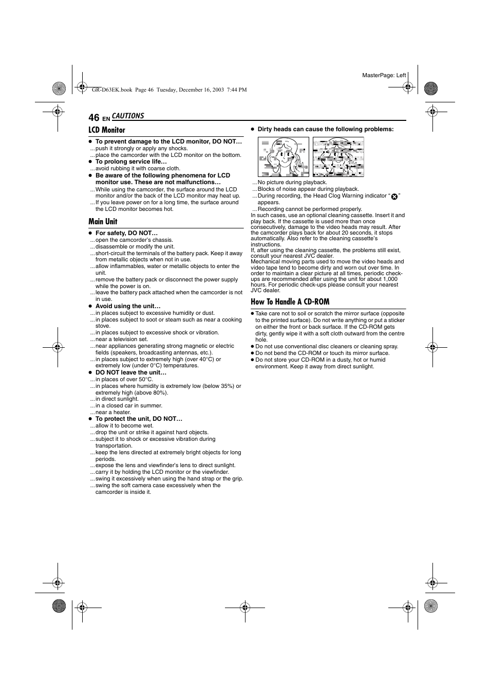 Lcd monitor, Main unit, How to handle a cd-rom | Pg. 46, Pg. 46), Heads during | JVC GR-D63 User Manual | Page 46 / 56