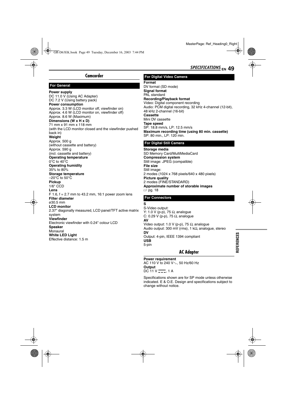 Specifications, Camcorder, Ac adapter | JVC GR-D63 User Manual | Page 49 / 56