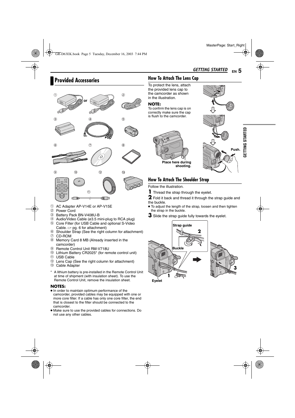 Getting started, Provided accessories, How to attach the lens cap | How to attach the shoulder strap | JVC GR-D63 User Manual | Page 5 / 56