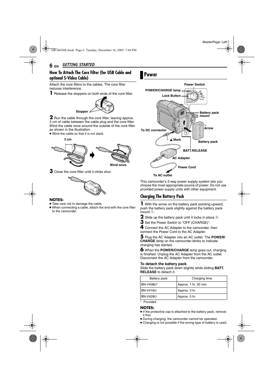 Power, Charging the battery pack | JVC GR-D63 User Manual | Page 6 / 56