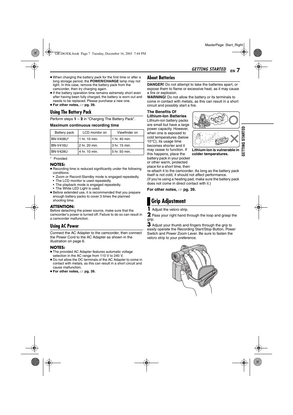 Using the battery pack, Using ac power, About batteries | Grip adjustment | JVC GR-D63 User Manual | Page 7 / 56