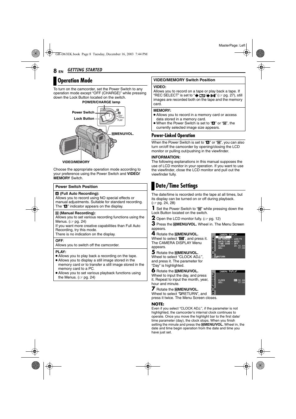 Operation mode, Power-linked operation, Date/time settings | Operation mode date/time settings, Getting started, Open the lcd monitor fully. ( ੬ pg. 12) | JVC GR-D63 User Manual | Page 8 / 56