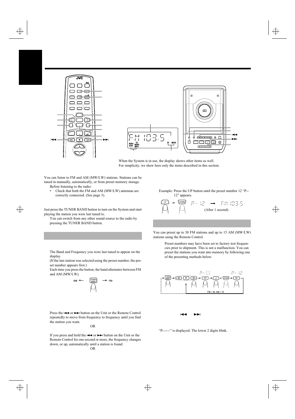 Using the tuner, Tuning in a station presetting stations, 8engli s h | One touch radio, Manual presetting | JVC UX-5500R User Manual | Page 12 / 23