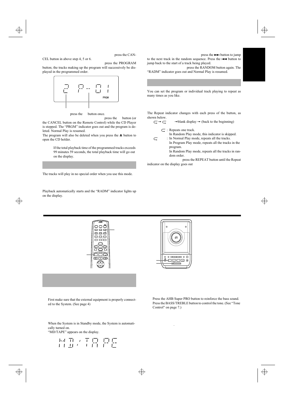 Listening to external equipments, Random play, Repeating tracks | Listening to an external md recorder/tape deck, 13 engli s h | JVC UX-5500R User Manual | Page 17 / 23