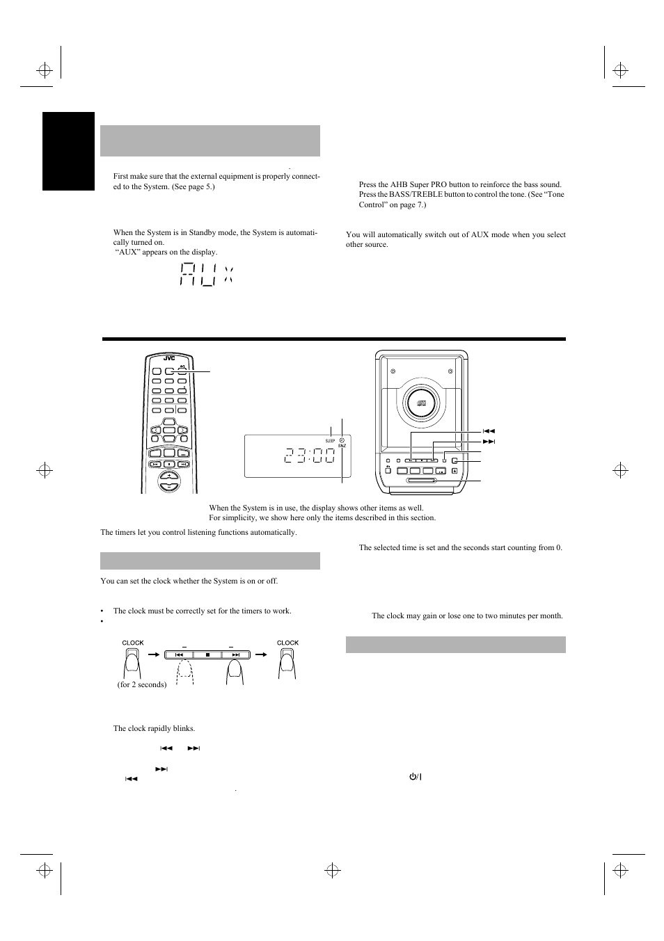 Using the timers, Listening to auxiliary equip- ment, Setting the clock | Setting the daily timer, 14 engli s h | JVC UX-5500R User Manual | Page 18 / 23