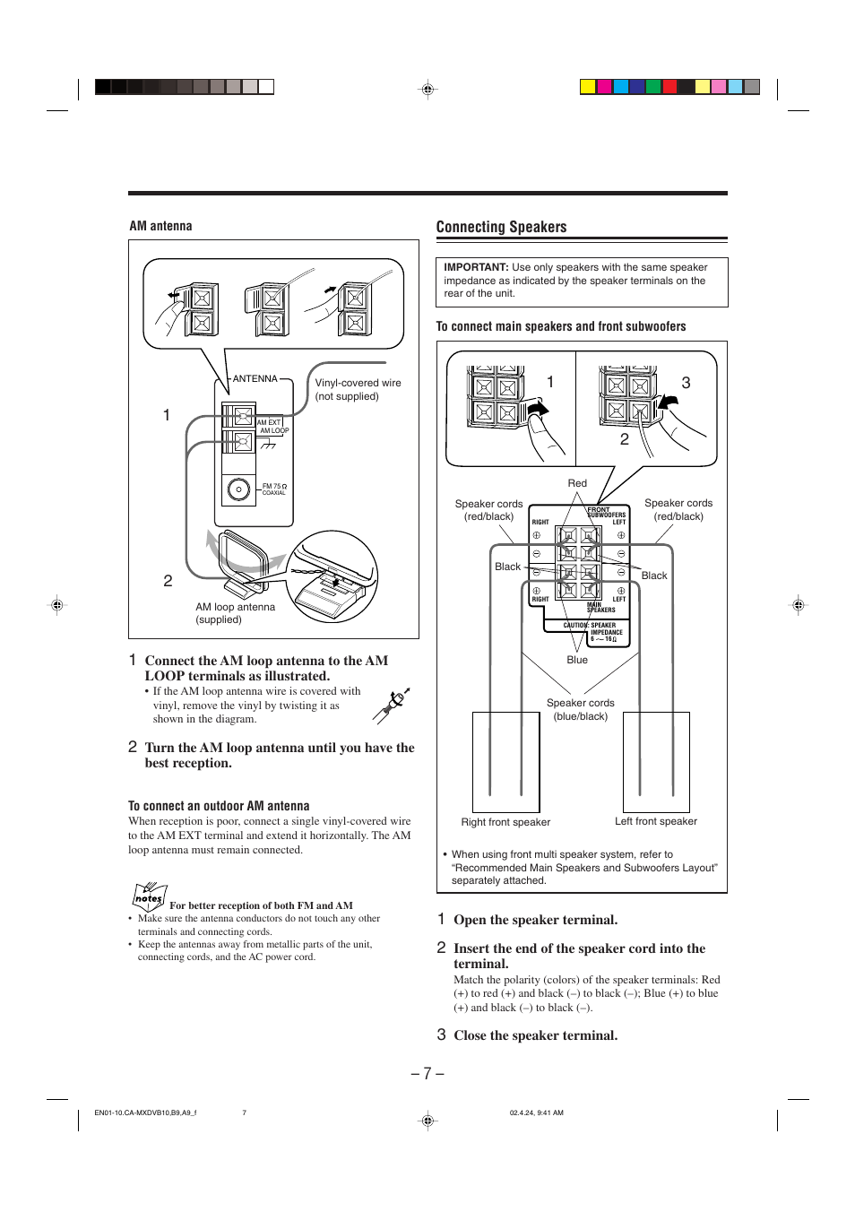 Connecting speakers | JVC CA-MXDVA9 User Manual | Page 10 / 72