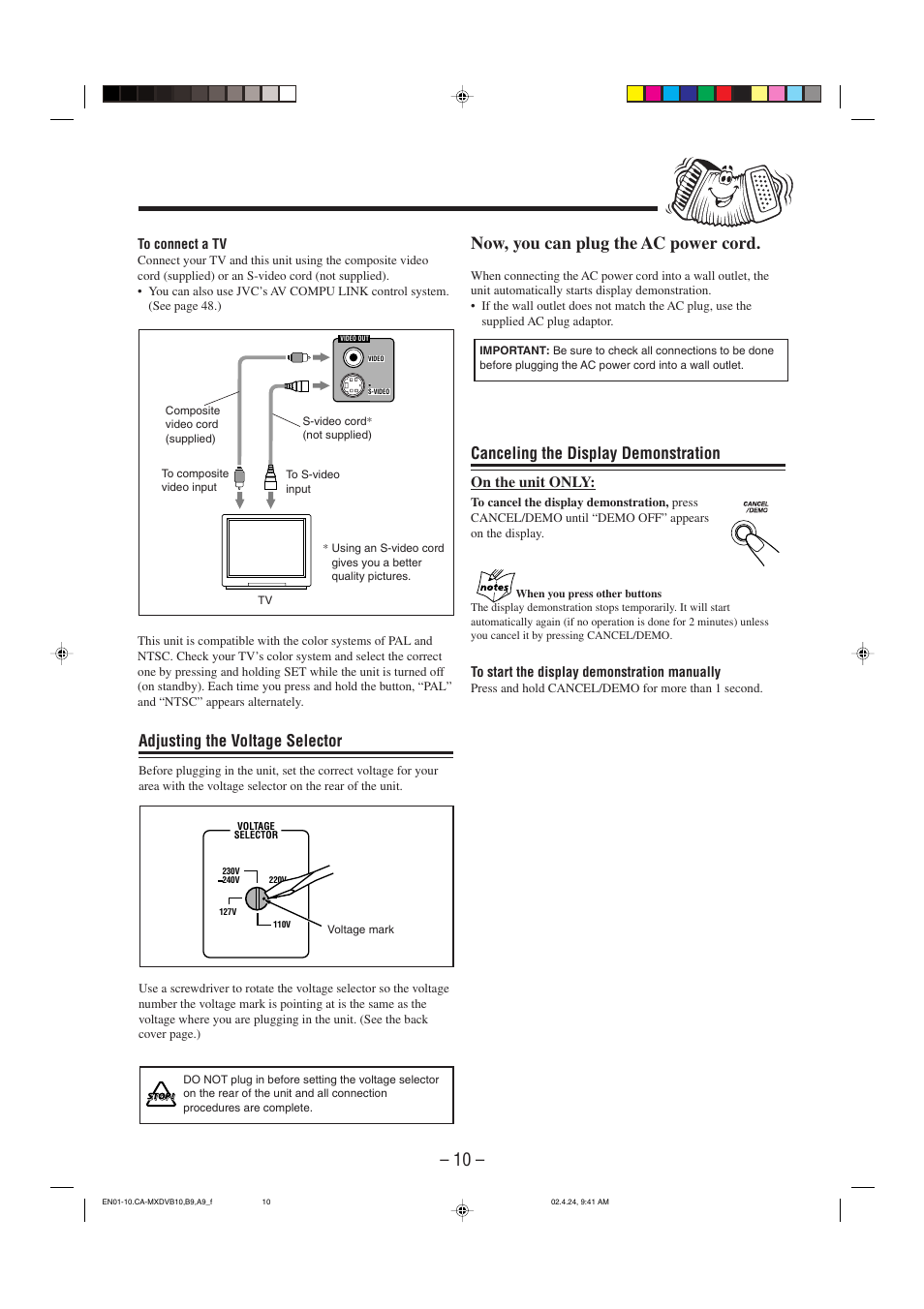 Now, you can plug the ac power cord, Adjusting the voltage selector, Canceling the display demonstration | On the unit only | JVC CA-MXDVA9 User Manual | Page 13 / 72