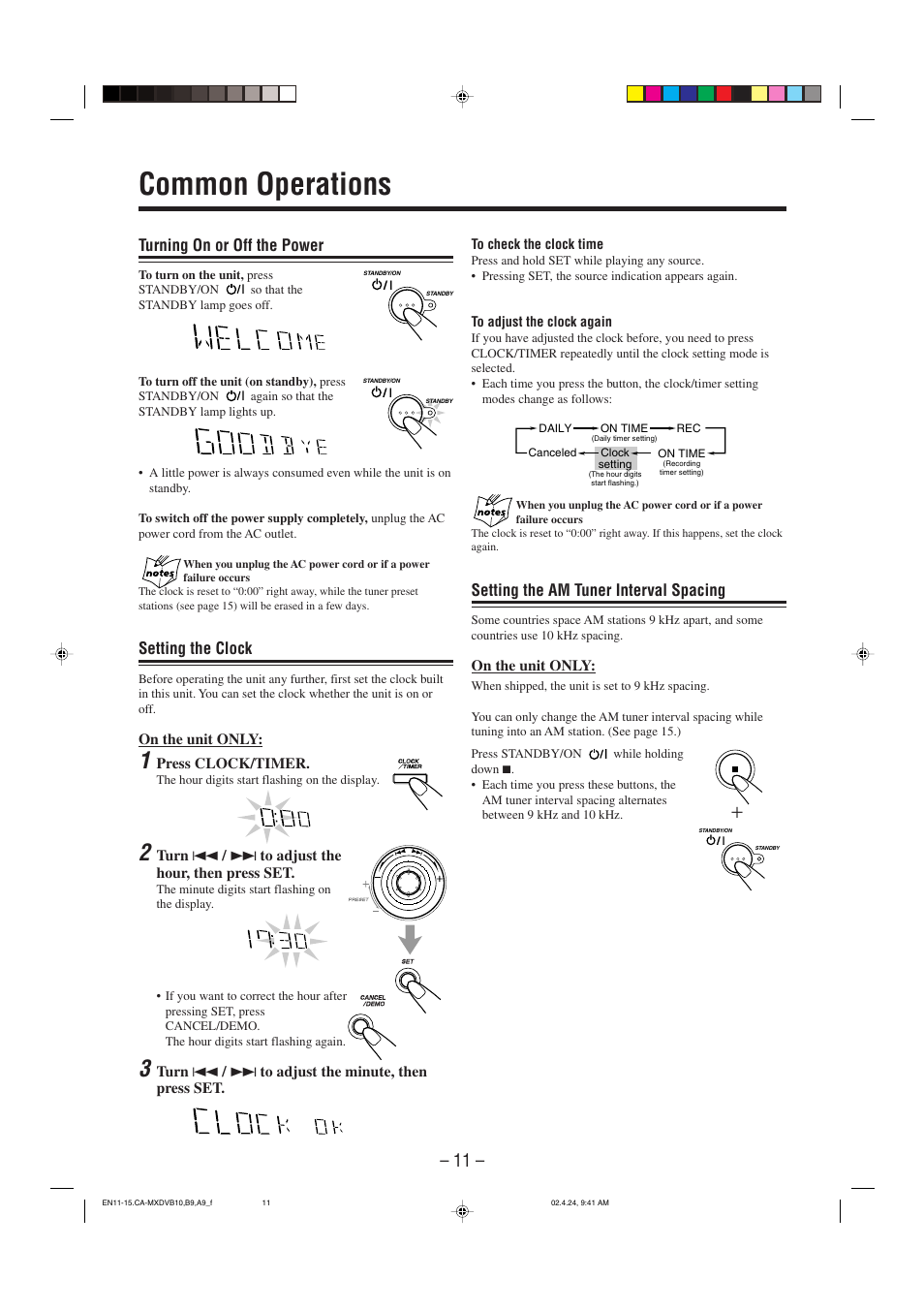 Common operations, Turning on or off the power, Setting the clock | Setting the am tuner interval spacing | JVC CA-MXDVA9 User Manual | Page 14 / 72