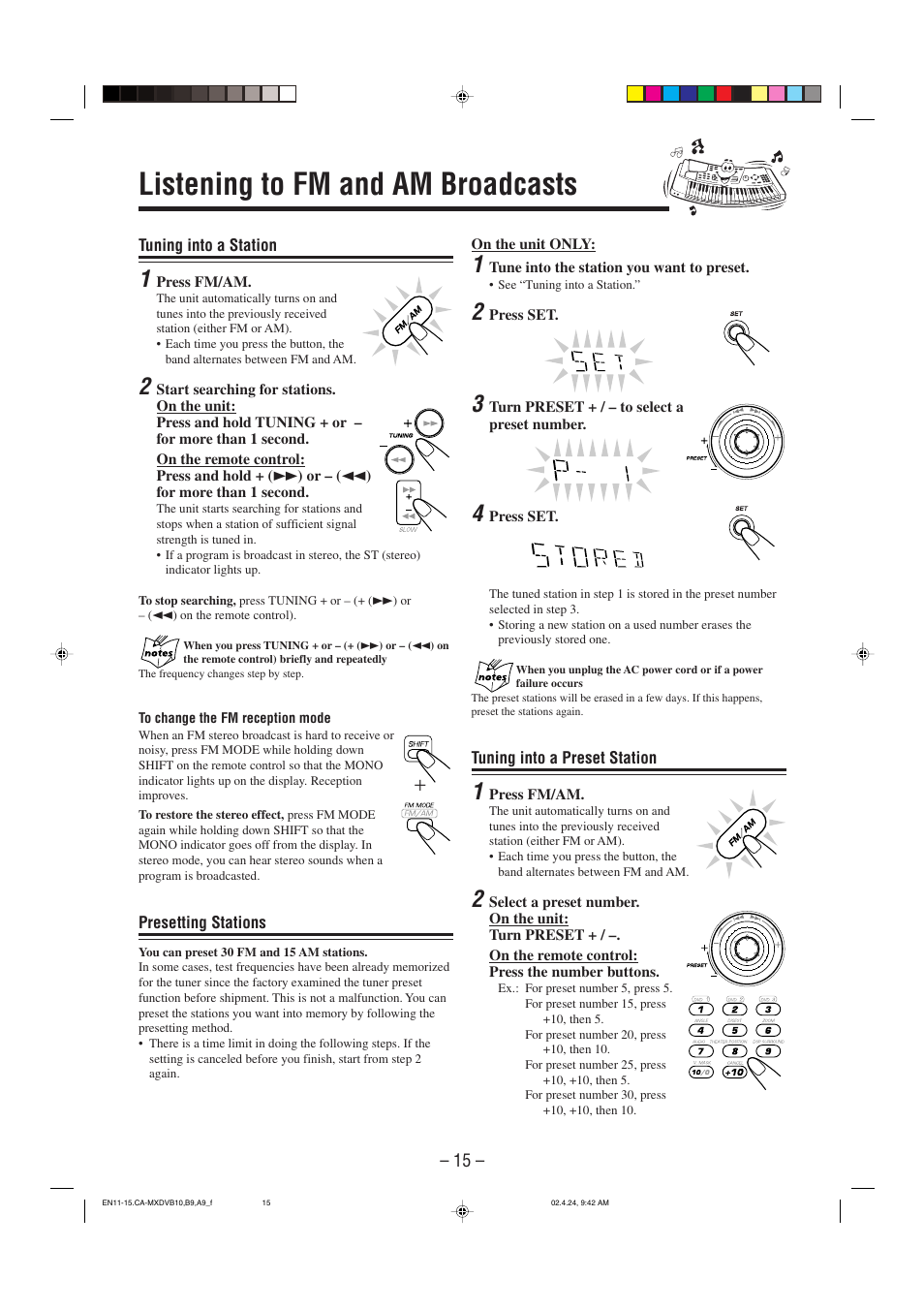 Listening to fm and am broadcasts | JVC CA-MXDVA9 User Manual | Page 18 / 72