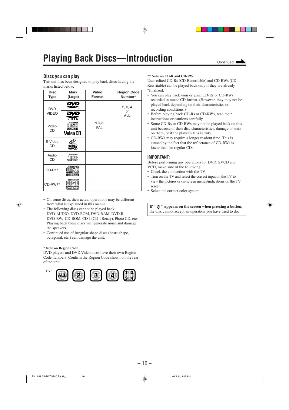 Playing back discs―introduction, Playing back discs—introduction | JVC CA-MXDVA9 User Manual | Page 19 / 72