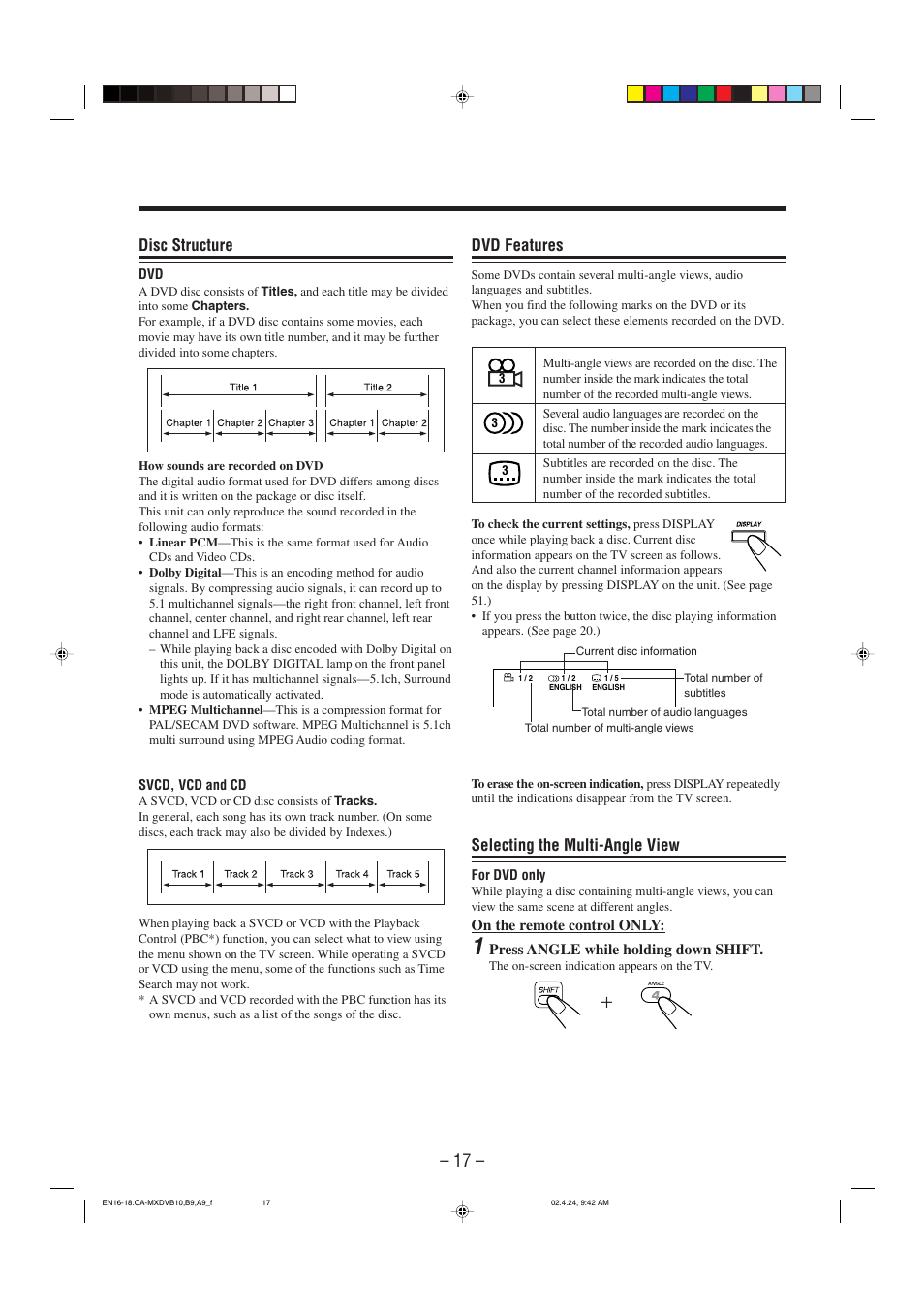 Disc structure, Dvd features, Selecting the multi-angle view | JVC CA-MXDVA9 User Manual | Page 20 / 72