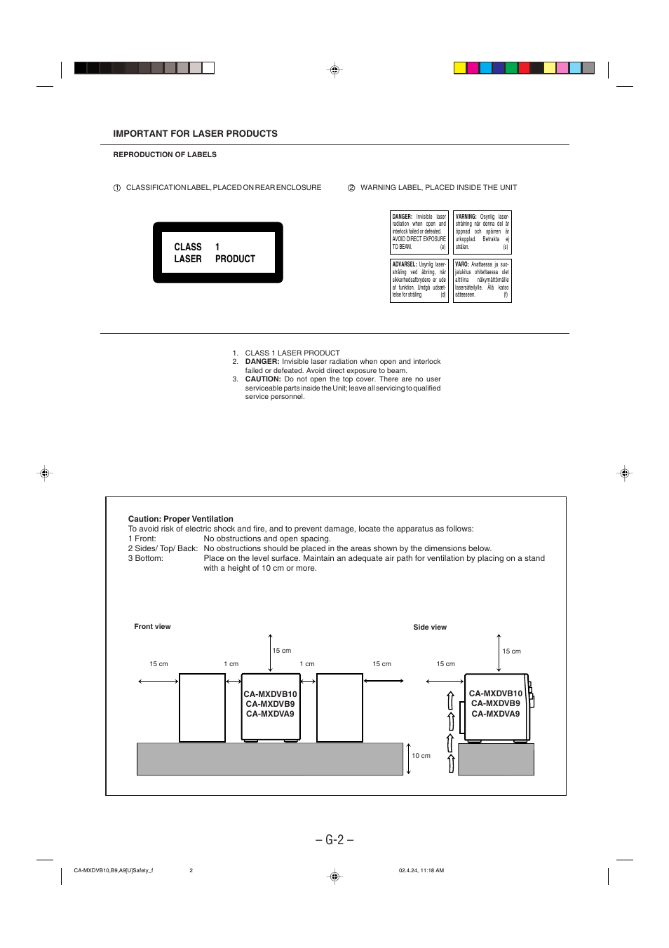 Important for laser products, Class 1 laser product | JVC CA-MXDVA9 User Manual | Page 3 / 72