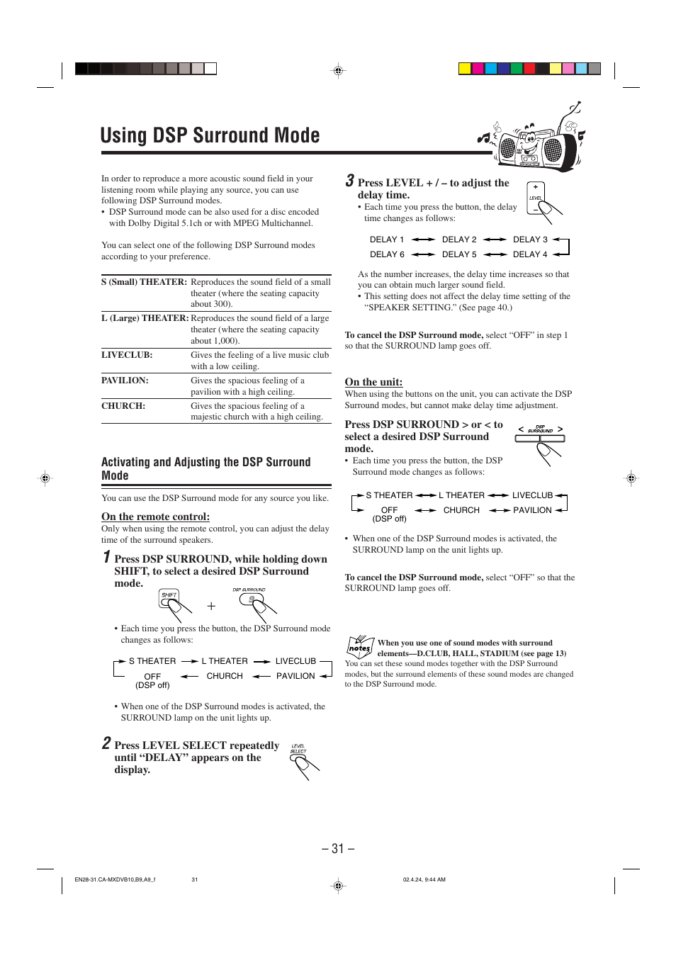 Using dsp surround mode, Activating and adjusting the dsp surround mode | JVC CA-MXDVA9 User Manual | Page 34 / 72