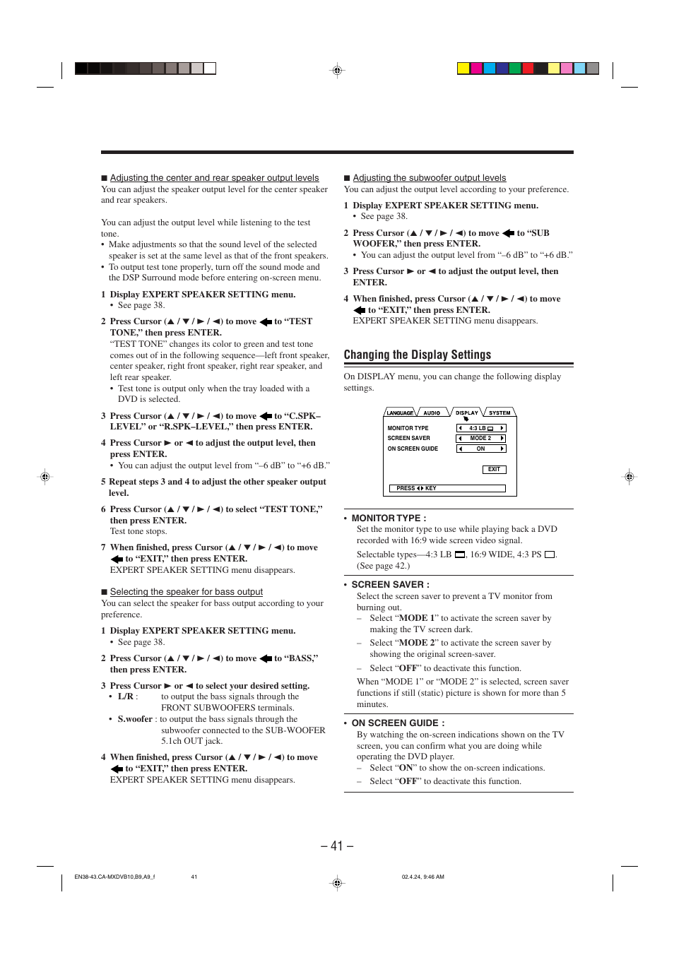 Changing the display settings | JVC CA-MXDVA9 User Manual | Page 44 / 72