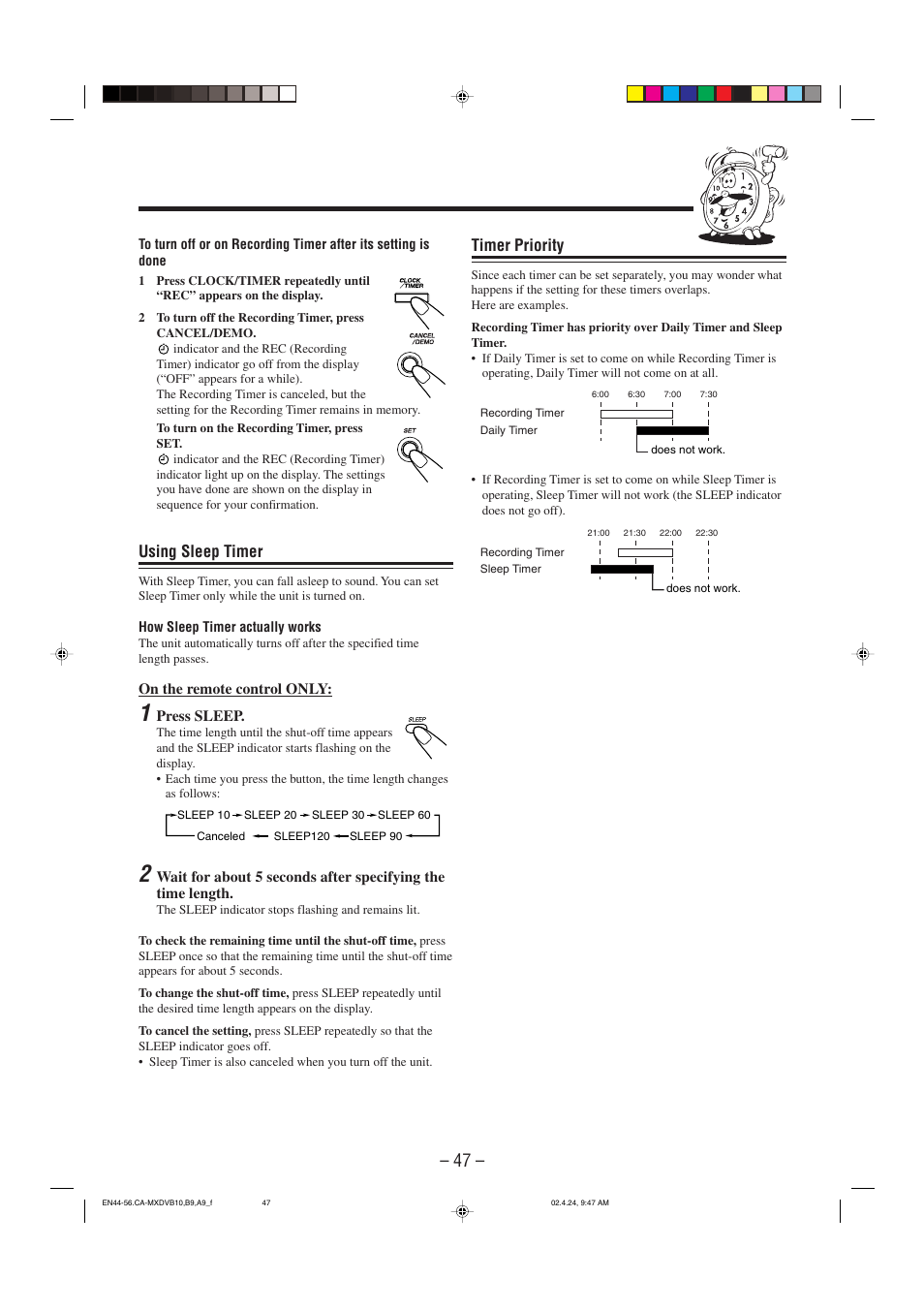 Timer priority, Using sleep timer | JVC CA-MXDVA9 User Manual | Page 50 / 72