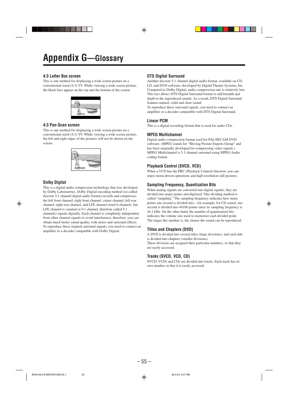 Appendix g―glossary, Appendix g, Glossary | JVC CA-MXDVA9 User Manual | Page 58 / 72