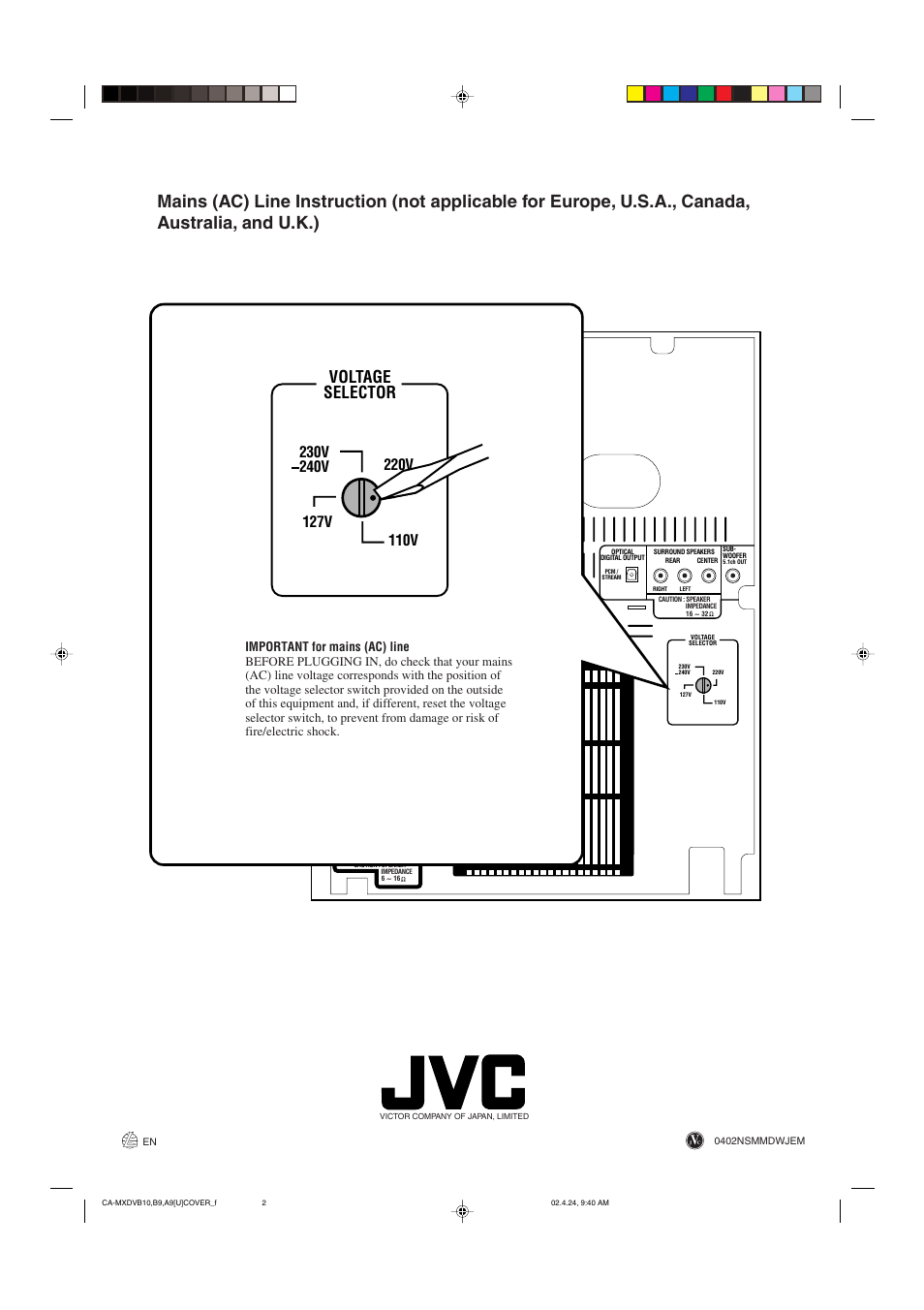 Back cover, Voltage selector | JVC CA-MXDVA9 User Manual | Page 60 / 72