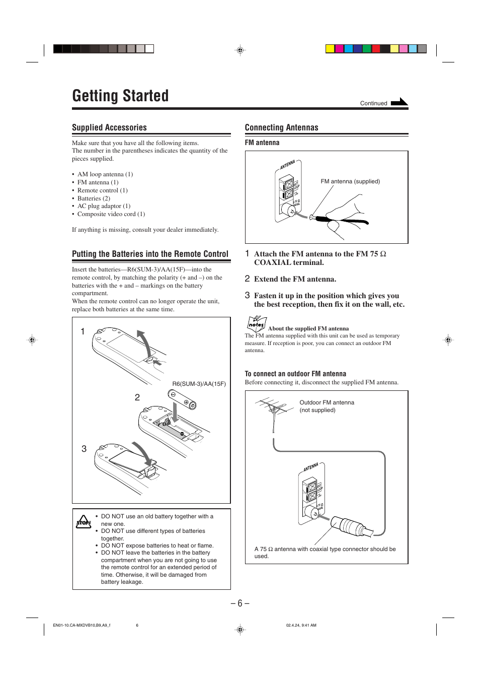 Getting started, Supplied accessories, Putting the batteries into the remote control | Connecting antennas | JVC CA-MXDVA9 User Manual | Page 9 / 72