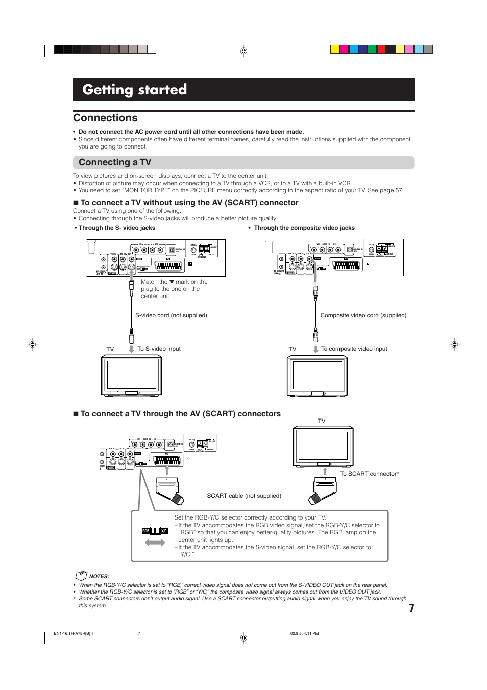 Getting started, Connections, Connecting a tv | JVC SP-XCA75 User Manual | Page 11 / 76