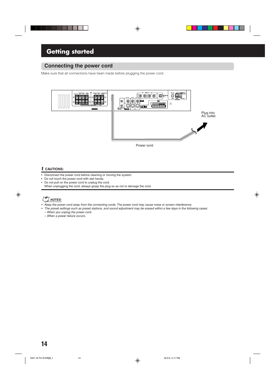 Getting started, Connecting the power cord, Plug into ac outlet. power cord cautions | JVC SP-XCA75 User Manual | Page 18 / 76