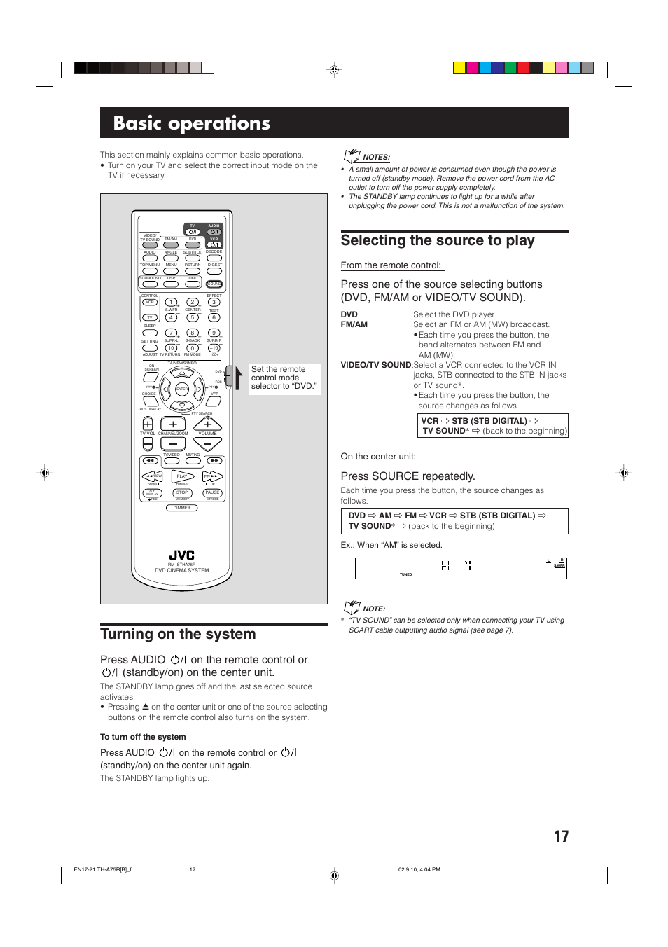 Basic operations, Turning on the system, Selecting the source to play | Press source repeatedly, On the center unit | JVC SP-XCA75 User Manual | Page 21 / 76