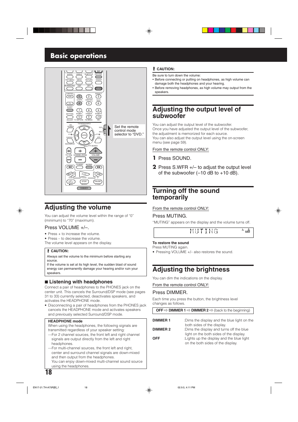 Adjusting the volume, Adjusting the output level of subwoofer, Turning off the sound temporarily | Adjusting the brightness, Basic operations, Press volume, 7 listening with headphones, Press sound, Press muting, Press dimmer | JVC SP-XCA75 User Manual | Page 22 / 76