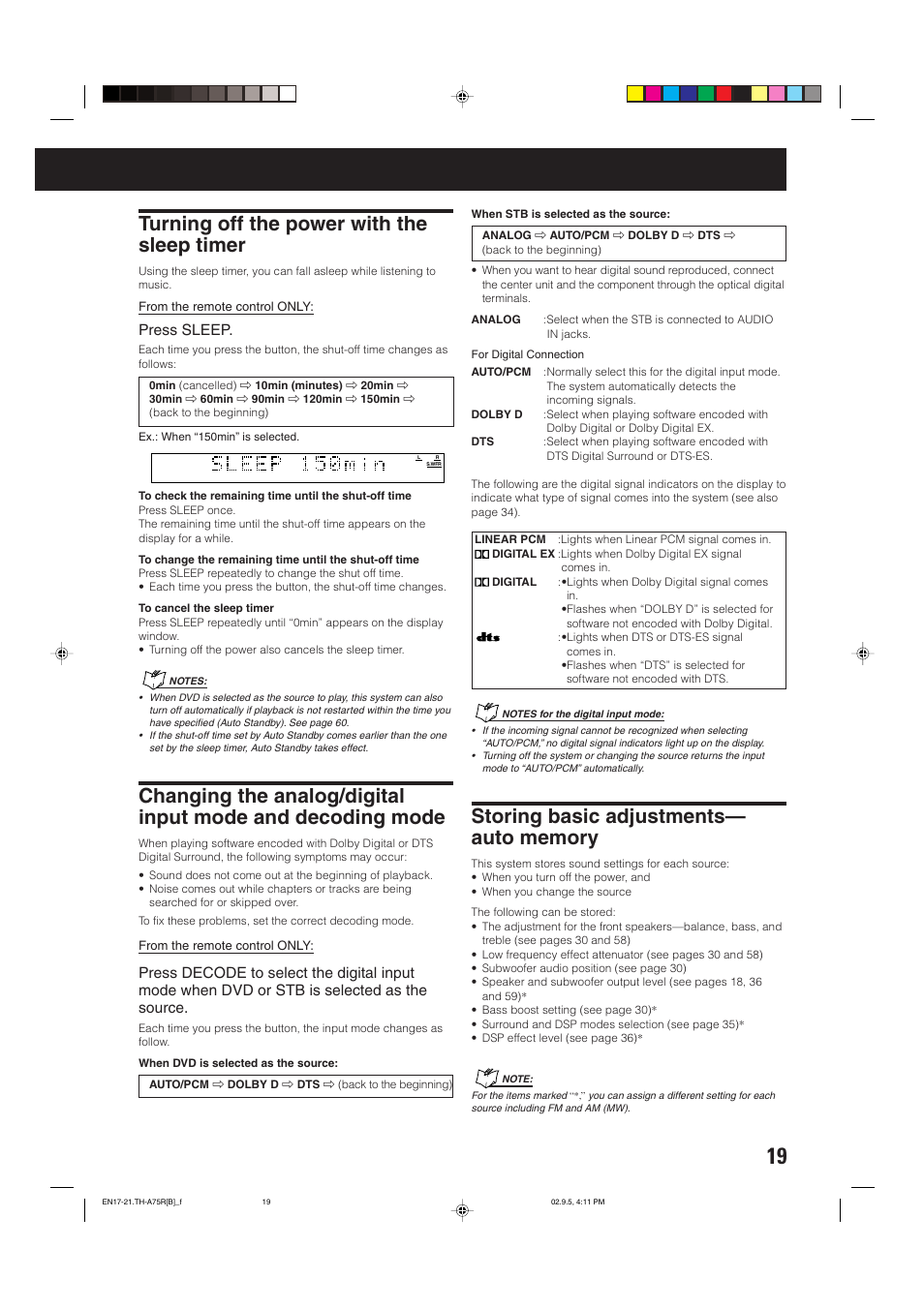 Turning off the power with the sleep timer, Press sleep | JVC SP-XCA75 User Manual | Page 23 / 76