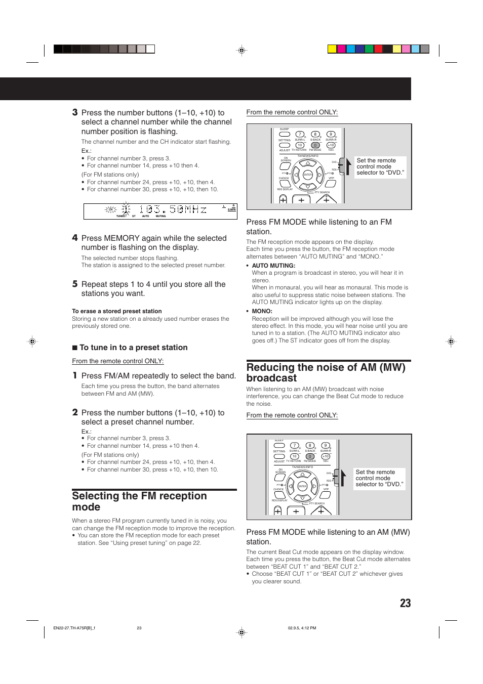 Selecting the fm reception mode, Reducing the noise of am (mw) broadcast, 7 to tune in to a preset station | Press fm/am repeatedly to select the band, Press fm mode while listening to an fm station | JVC SP-XCA75 User Manual | Page 27 / 76