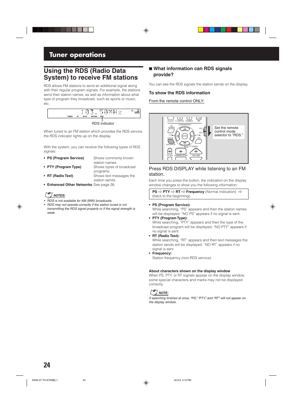 Tuner operations, 7 what information can rds signals provide, Press rds display while listening to an fm station | JVC SP-XCA75 User Manual | Page 28 / 76