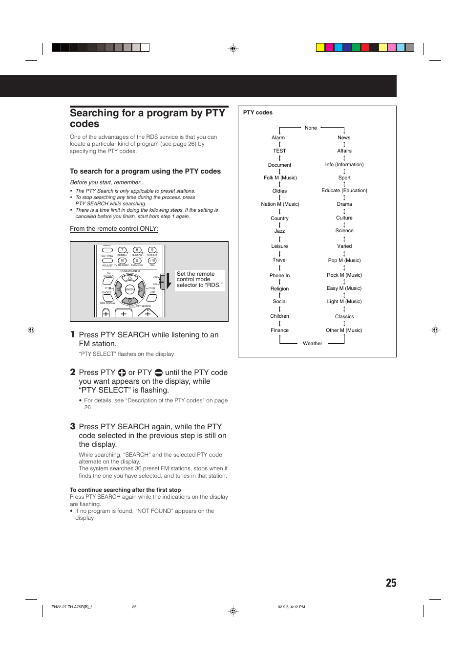 Searching for a program by pty codes, Press pty search while listening to an fm station | JVC SP-XCA75 User Manual | Page 29 / 76
