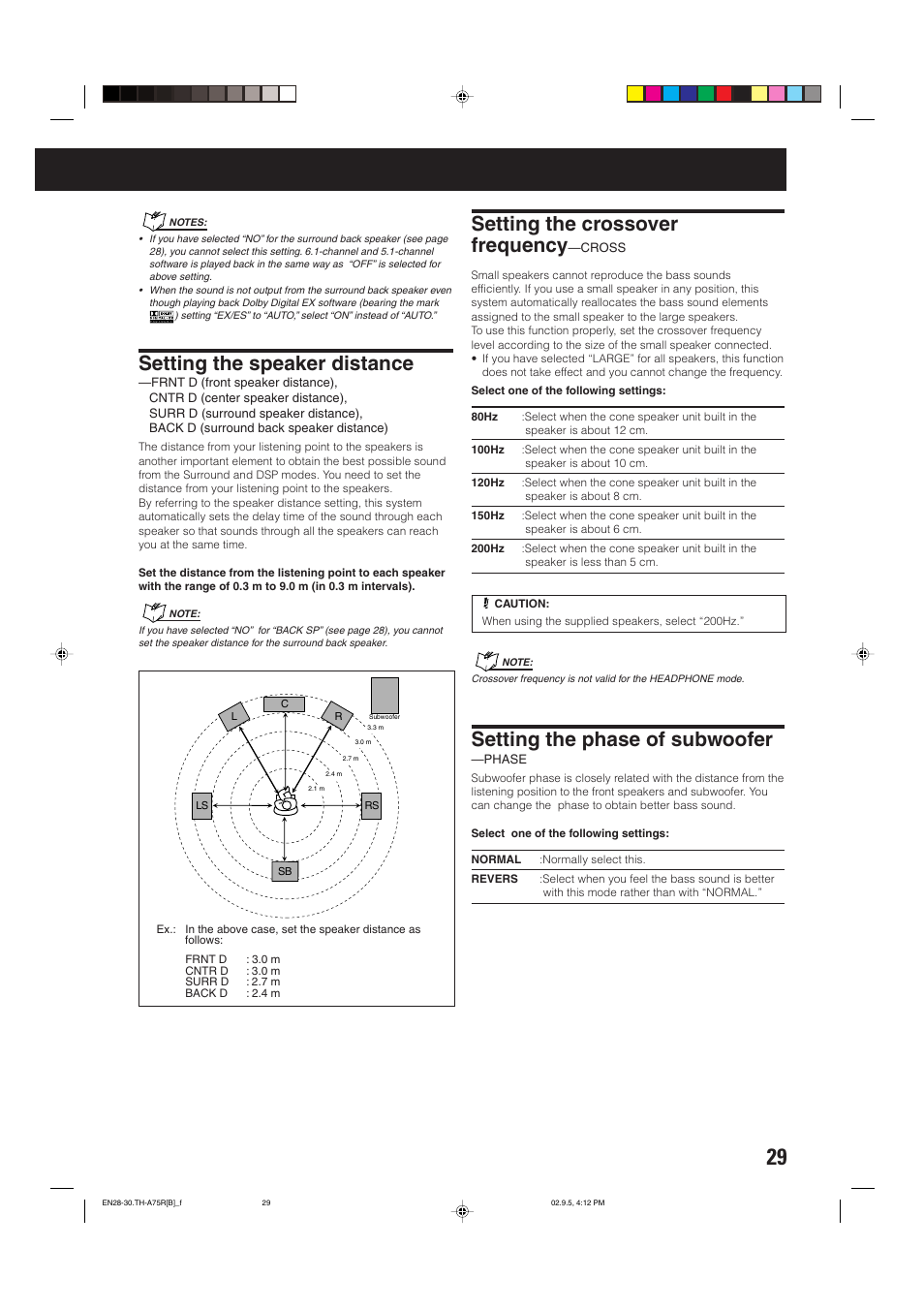Setting the speaker distance, Setting the crossover frequency, Setting the phase of subwoofer | JVC SP-XCA75 User Manual | Page 33 / 76