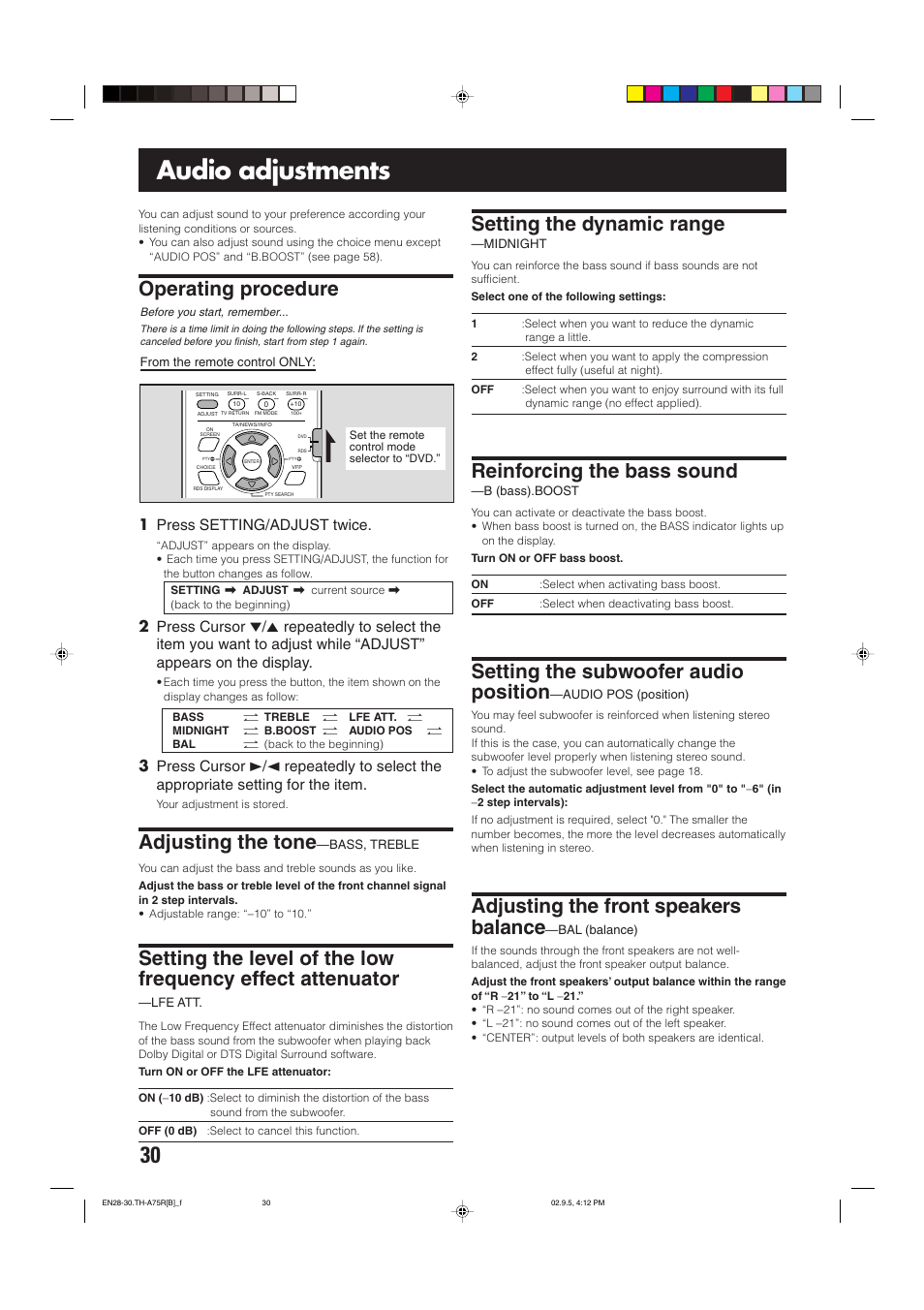 Audio adjustments, Operating procedure setting the dynamic range, Reinforcing the bass sound | Setting the subwoofer audio position, Adjusting the front speakers balance, Adjusting the tone, 1 press setting/adjust twice | JVC SP-XCA75 User Manual | Page 34 / 76