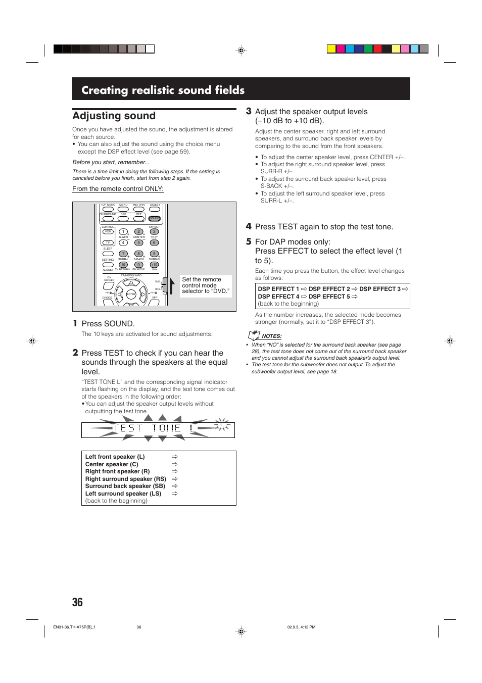 Adjusting sound, Creating realistic sound fields, Press sound | Press test again to stop the test tone | JVC SP-XCA75 User Manual | Page 40 / 76