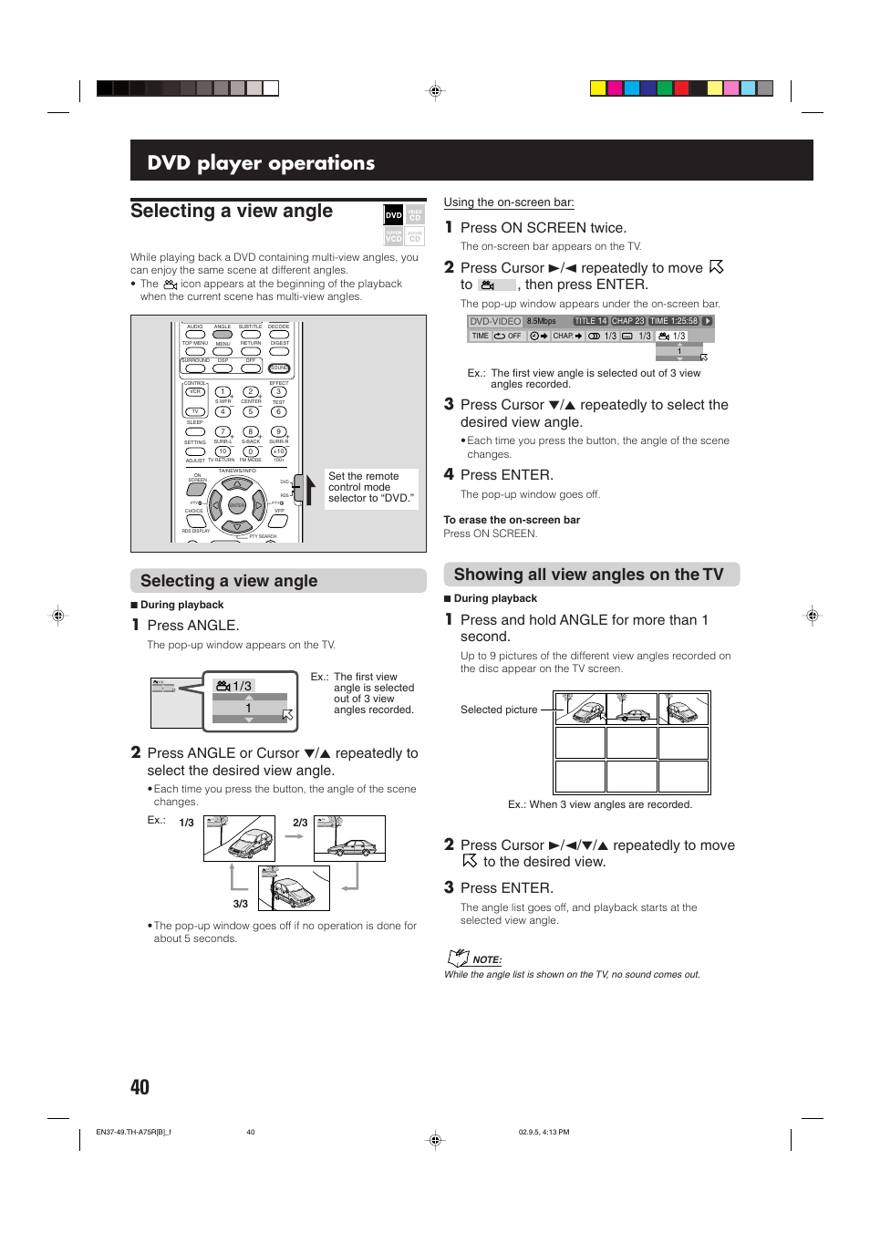 Selecting a view angle, Dvd player operations, Showing all view angles on the tv | Press angle, Press on screen twice, Press enter, Press and hold angle for more than 1 second, Using the on-screen bar | JVC SP-XCA75 User Manual | Page 44 / 76