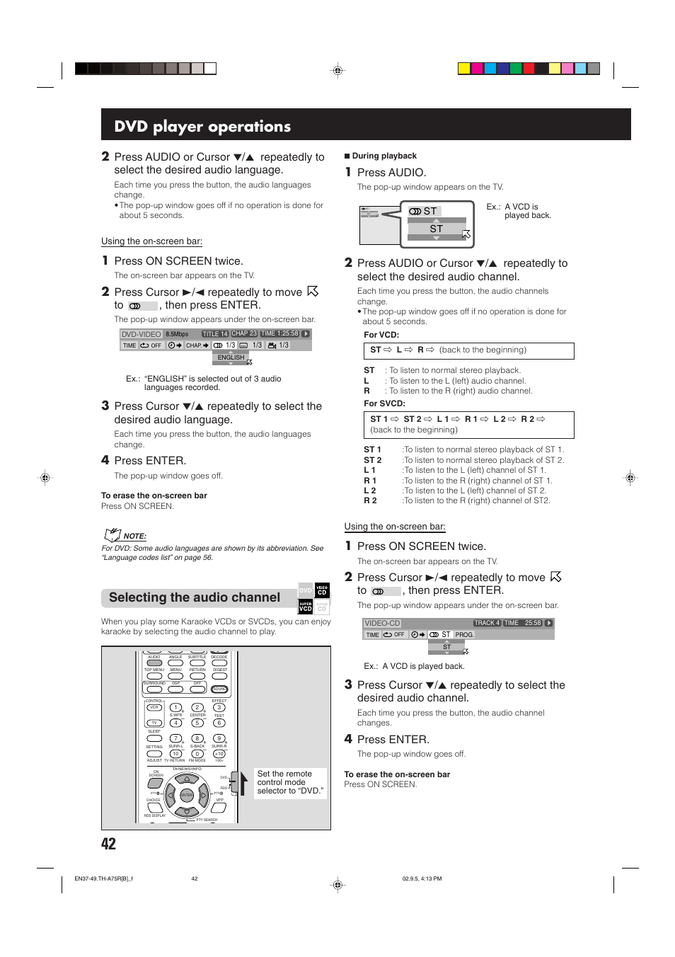 Dvd player operations, Selecting the audio channel, Press on screen twice | Press enter, Press audio | JVC SP-XCA75 User Manual | Page 46 / 76