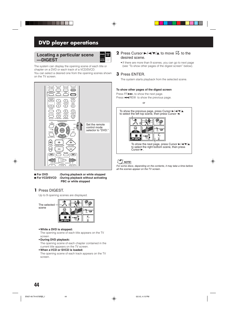 Dvd player operations, Locating a particular scene —digest, Press digest | Press cursor 3/2/∞/5 to move to the desired scene, Press enter | JVC SP-XCA75 User Manual | Page 48 / 76