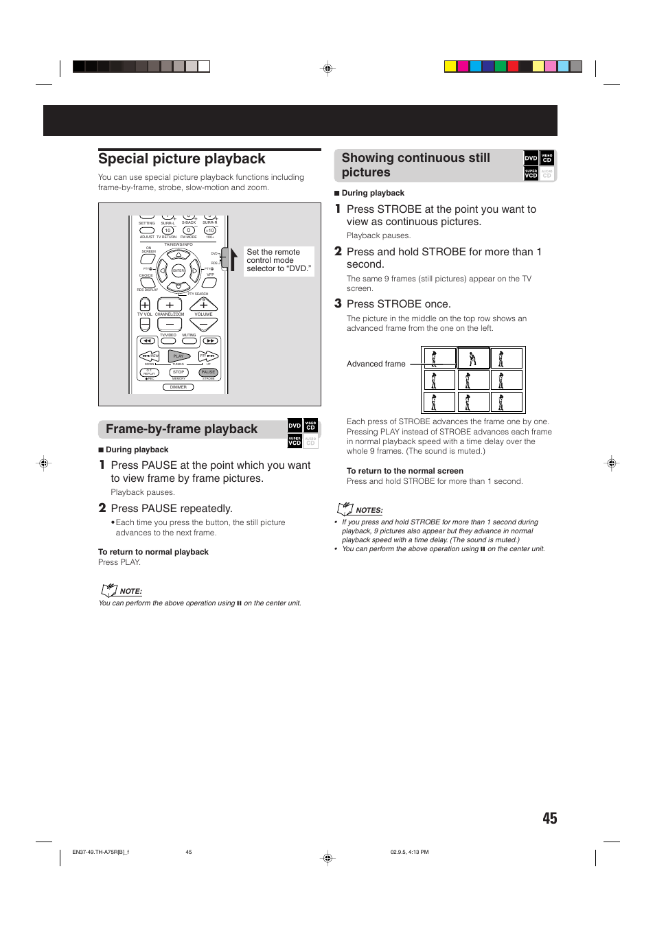 Special picture playback, Frame-by-frame playback, Showing continuous still pictures | Press pause repeatedly, Press and hold strobe for more than 1 second, Press strobe once | JVC SP-XCA75 User Manual | Page 49 / 76
