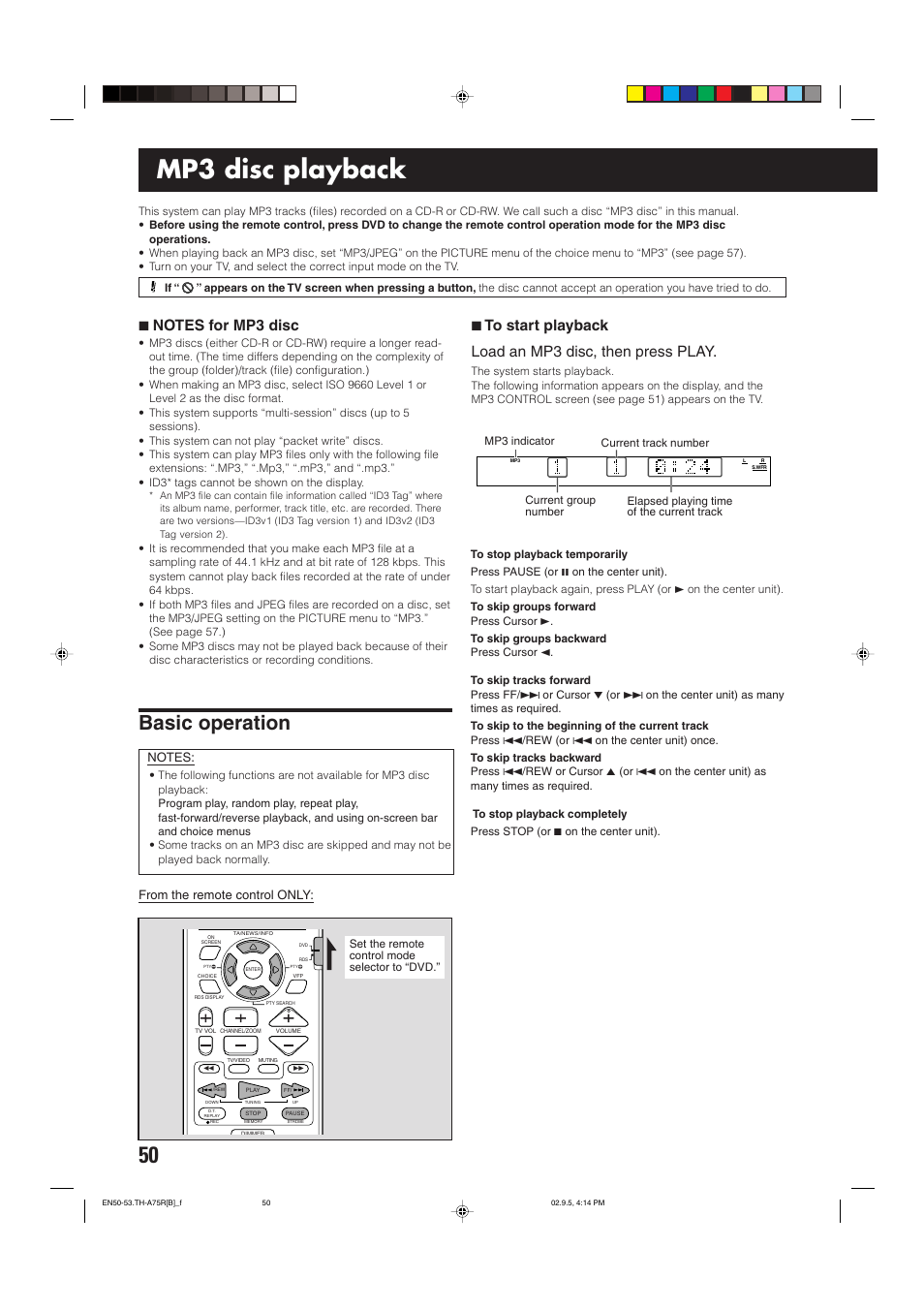 Mp3 disc playback, Basic operation | JVC SP-XCA75 User Manual | Page 54 / 76