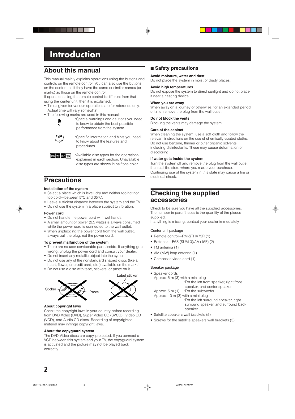 Introduction, About this manual, Precautions | Checking the supplied accessories | JVC SP-XCA75 User Manual | Page 6 / 76