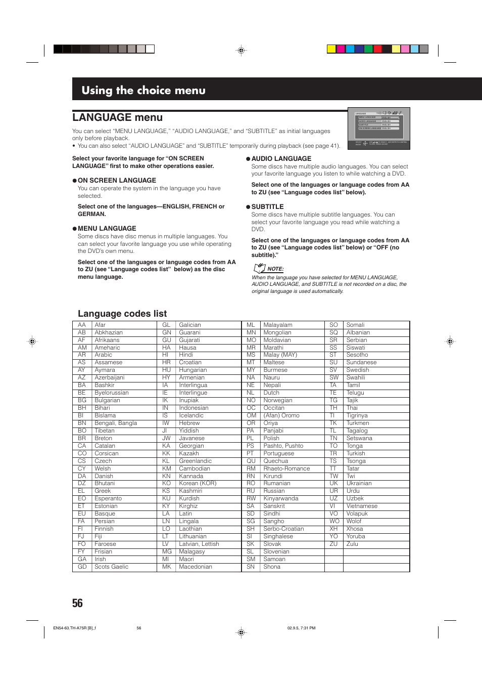 Language menu, Using the choice menu, Language codes list | JVC SP-XCA75 User Manual | Page 60 / 76