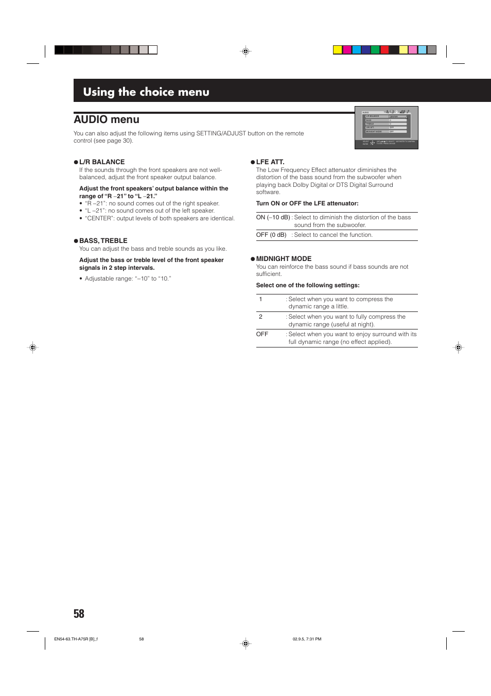 Audio menu, Using the choice menu, L/r balance | Bass, treble, Lfe att, Midnight mode | JVC SP-XCA75 User Manual | Page 62 / 76